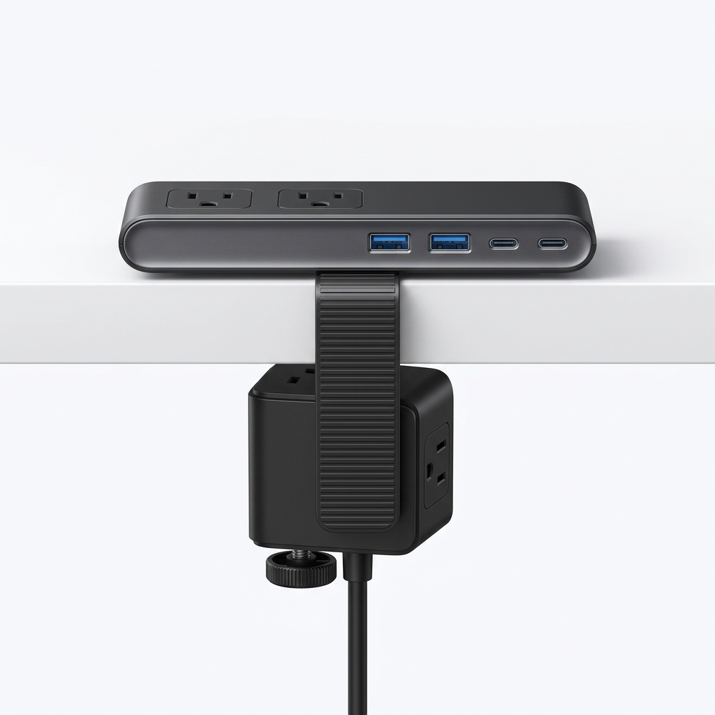 Régua NexPower preta de lado, presa na borda da mesa