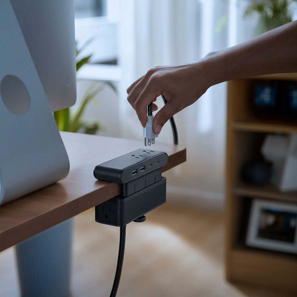 Régua NexPower preta instalada em uma mesa moderna